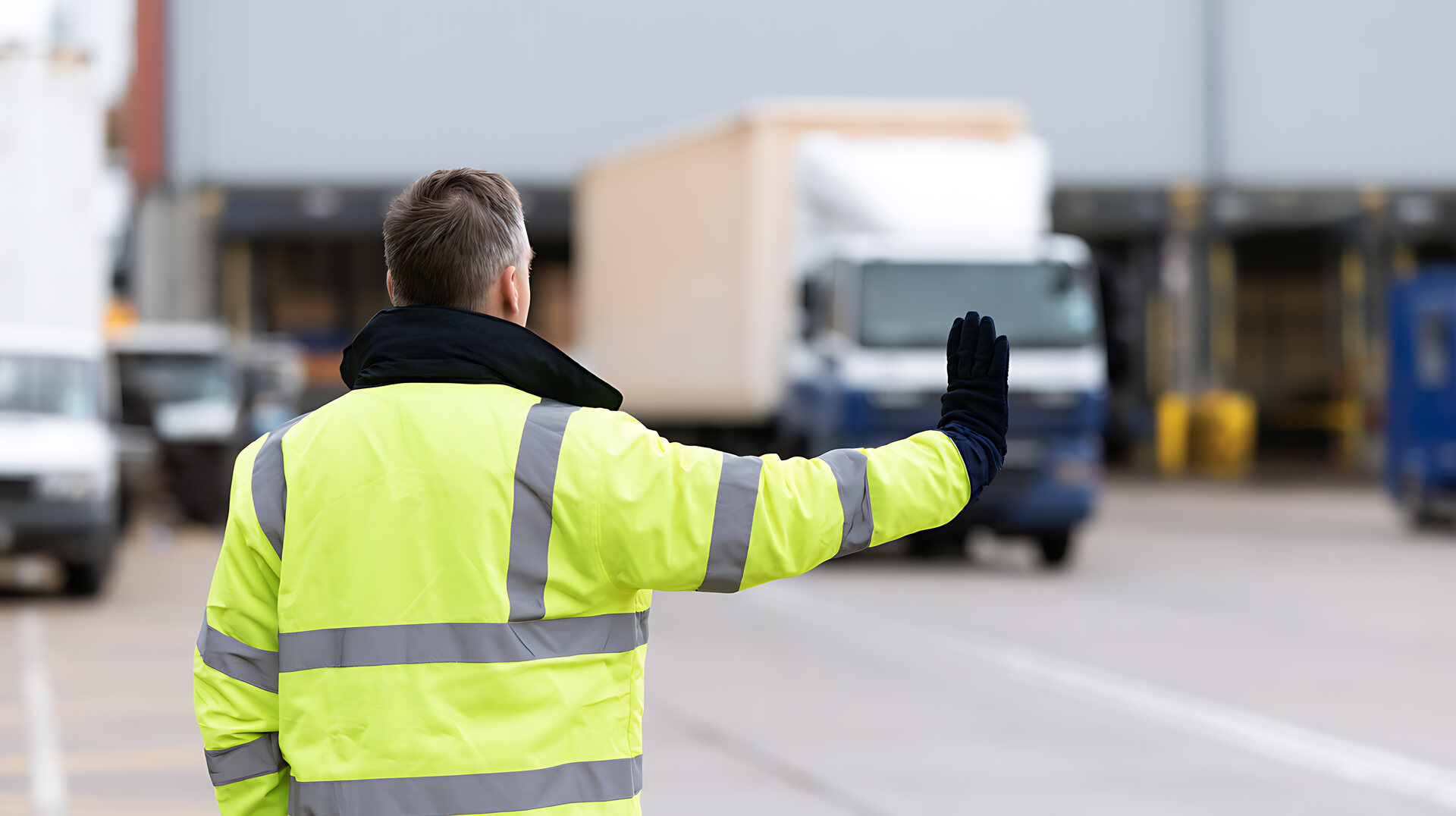 Pilot w kamizelce odblaskowej naprowadzający zestaw transportowy w trudnym miejscu